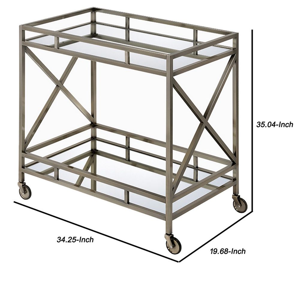Metal Framed Two Tier Serving Cart with X Shaped Side Panels, Mirrored, Antique Gold - View 6