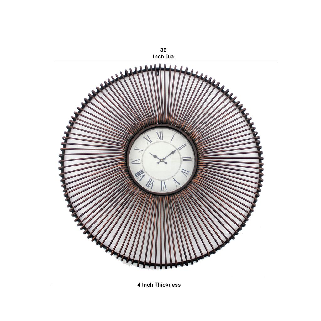 Wall Clock Set of 2 with Metal Fan Guard Design Frame, Brown - View 5