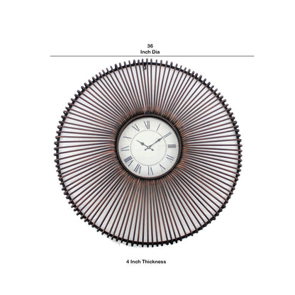 Wall Clock Set of 2 with Metal Fan Guard Design Frame, Brown - View 5
