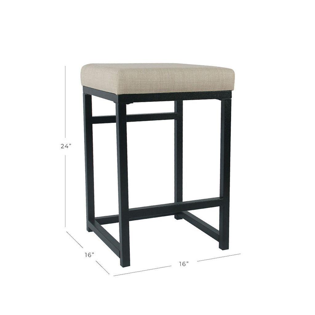 Open Back Metal Counter Stool with Fabric Upholstered Padded Seat, Beige and Black - View 6