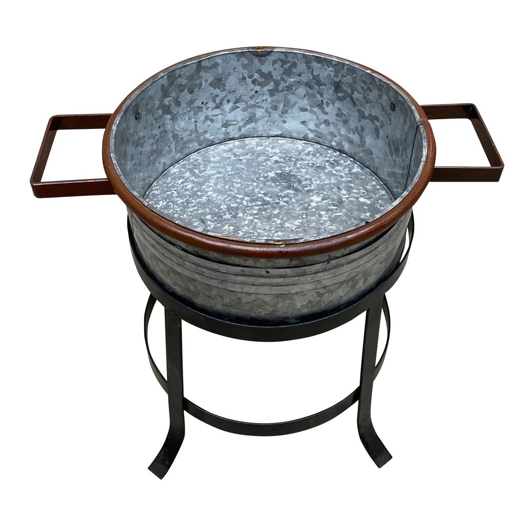 21, 18, and 16 Inch 3 Piece Round Tub Metal Planter Set with Stand in Galvanized Gray and Black Iron - View 7