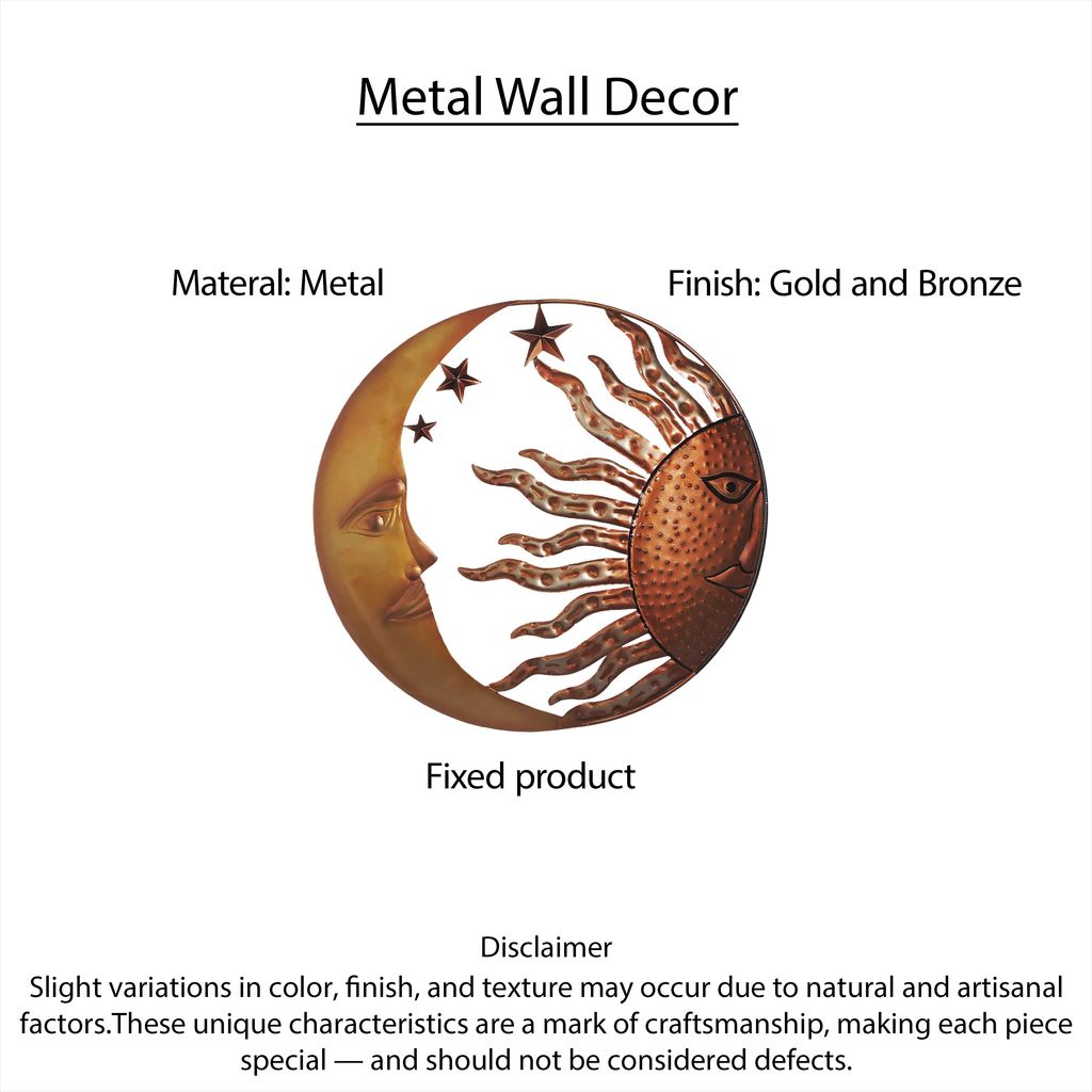21 Inch Handcrafted Sun and Moon Accent Wall Decor, Round Metal Wall Mount, Rustic Gold, Bronze - View 7
