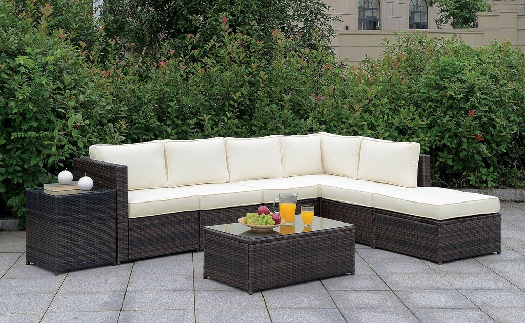 Aluminum Frame Patio Side Chair With Cushioned Seating, Ivory & Espresso Brown - View 2