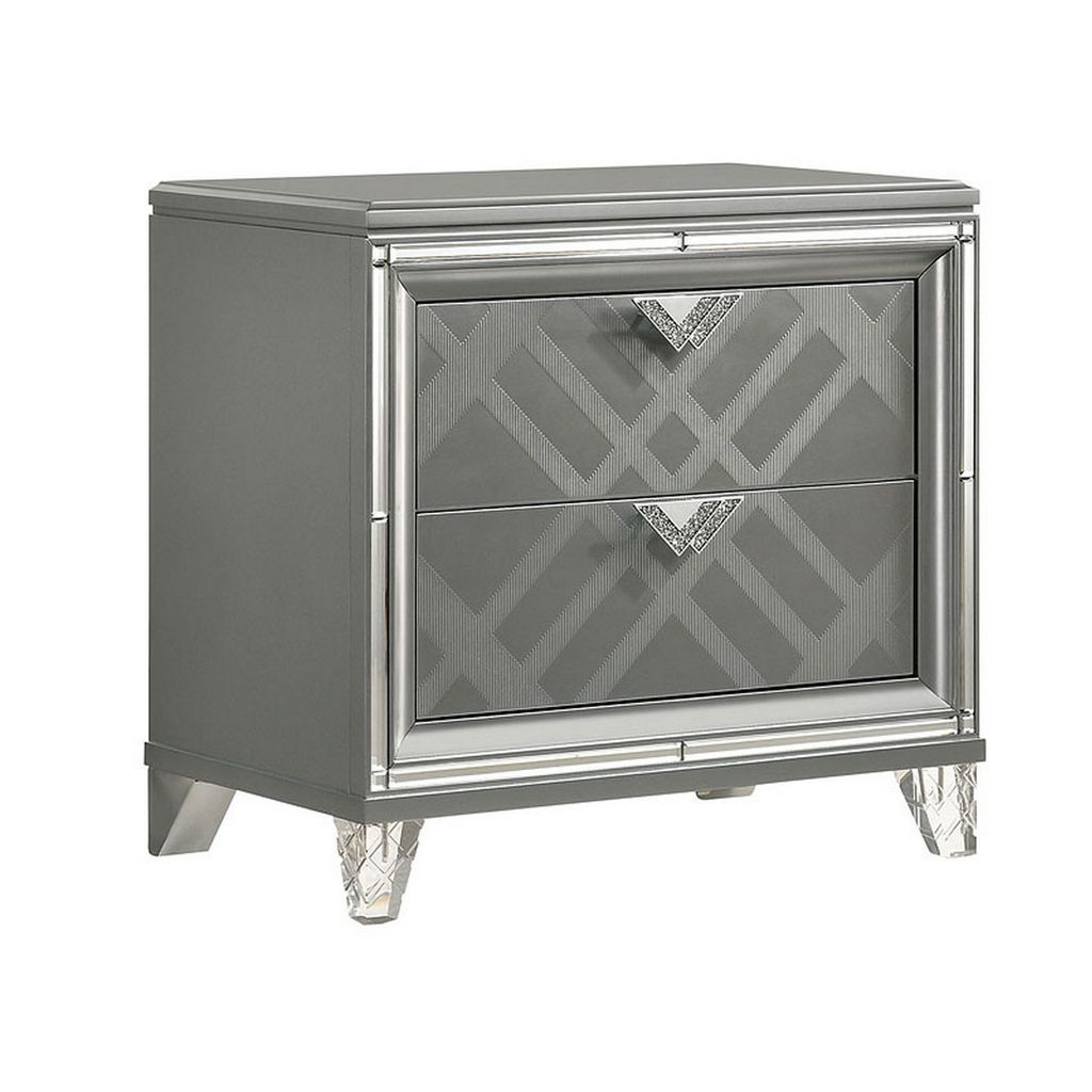 Nightstand with Embossed Pattern and Acrylic Legs, Gray