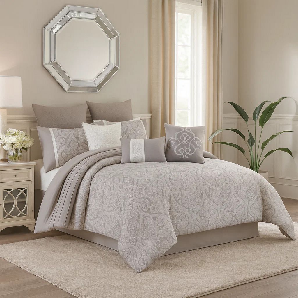 King Size 10 Piece Fabric Comforter Set with Medallion Prints, White - View 7