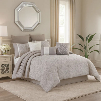 King Size 10 Piece Fabric Comforter Set with Medallion Prints, White - View 7