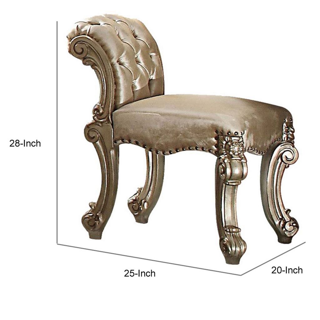 Fabric Upholstered Wooden Vanity Stool with Tufted Back, Gold & Bone White - View 6