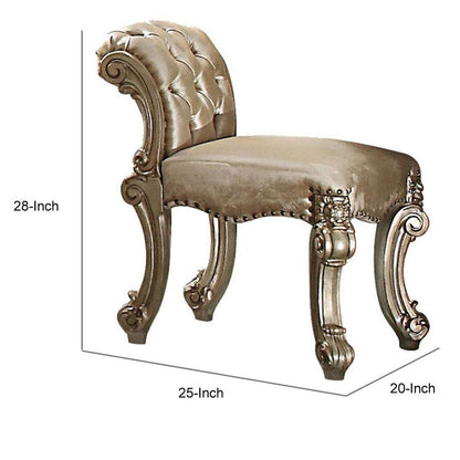 Fabric Upholstered Wooden Vanity Stool with Tufted Back, Gold & Bone White - View 6