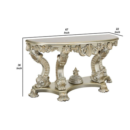 Esen 67 Inch Crescent Sofa Table Sideboard Console, Carvings, Antique Gold - View 6