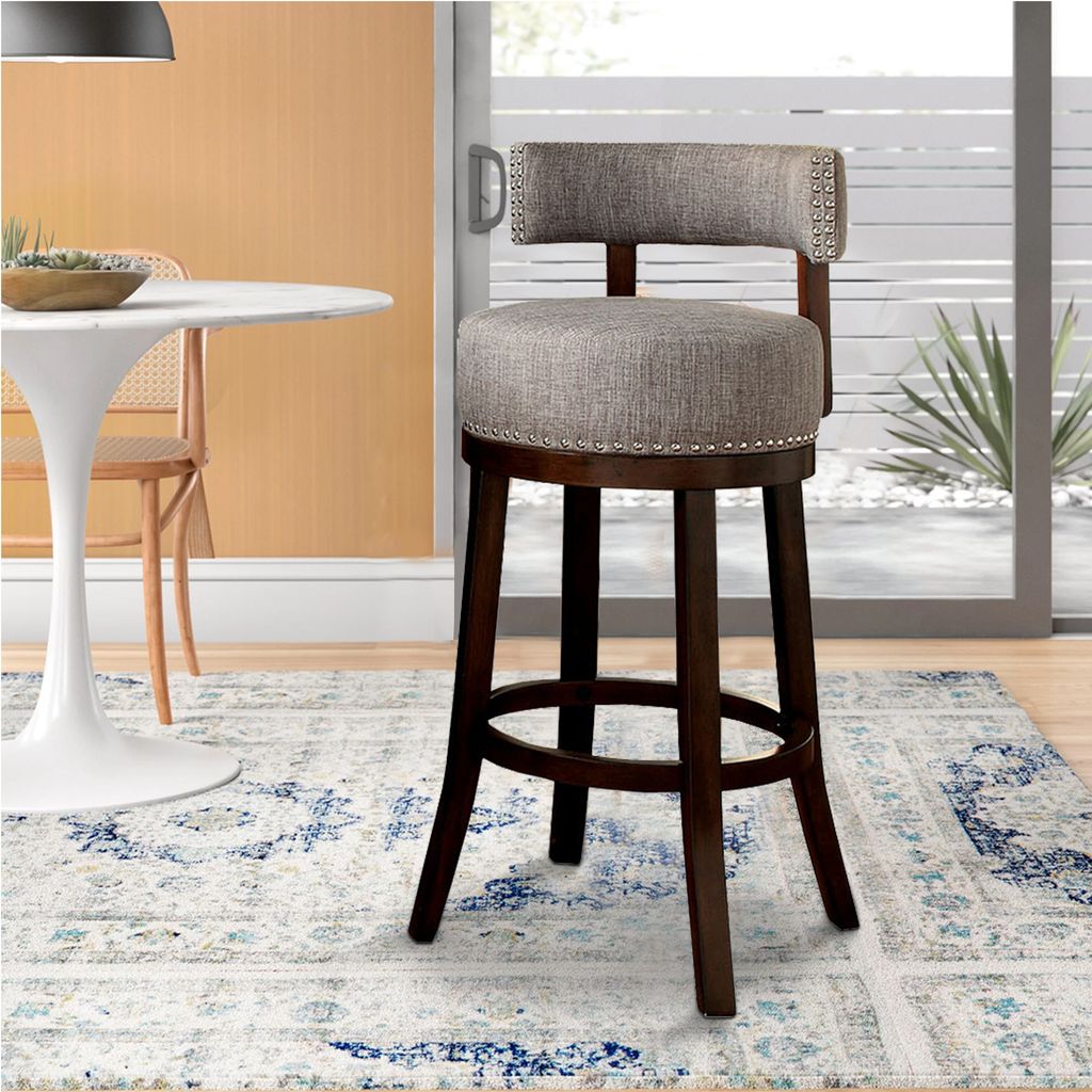 Swivel Barstool with Curved Open Low Back, Set of 2, Gray and Brown - View 7