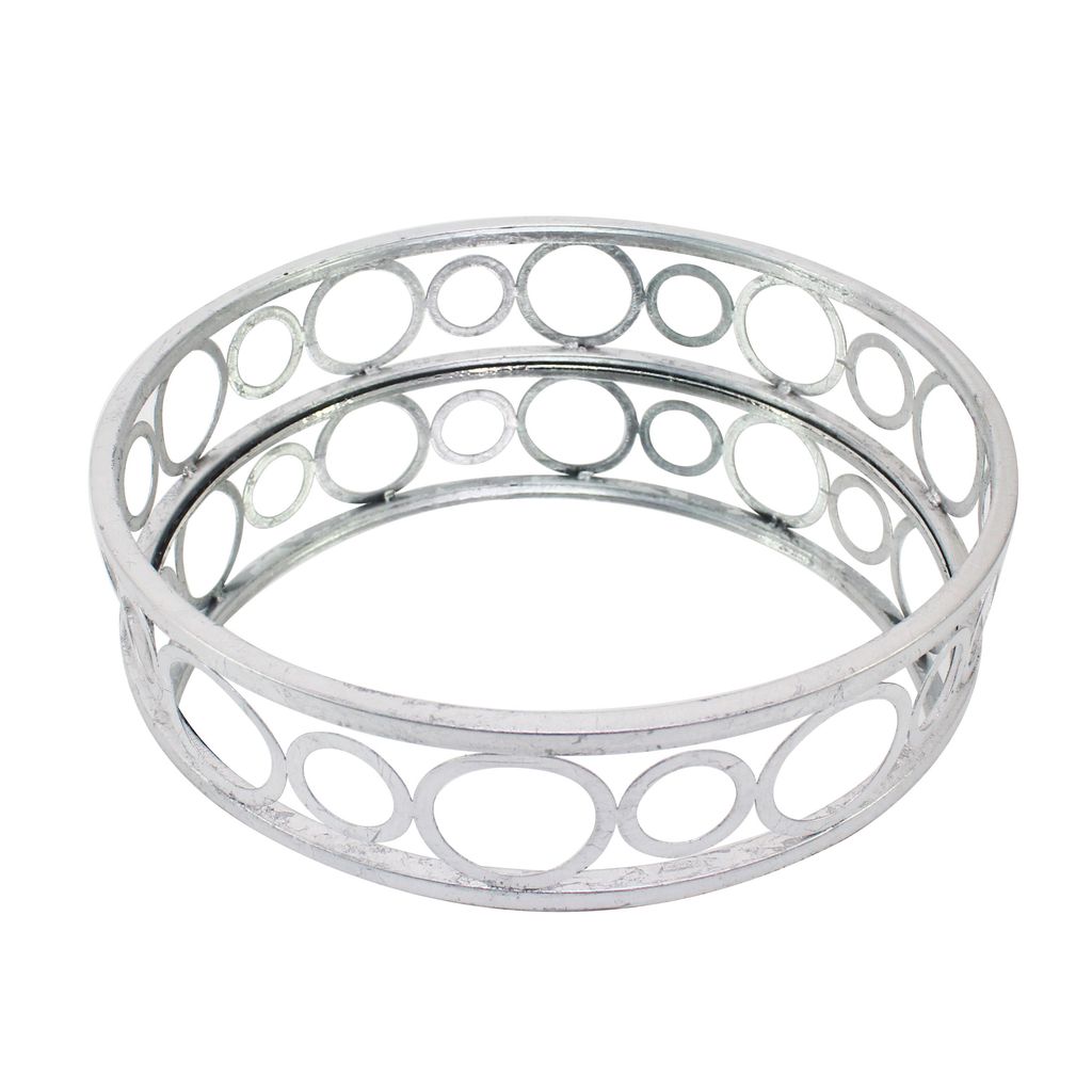 Round Metal Tray Set of 2 with Geometric Mirror Panel Inserts, Silver