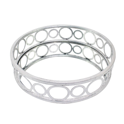 Round Metal Tray Set of 2 with Geometric Mirror Panel Inserts, Silver