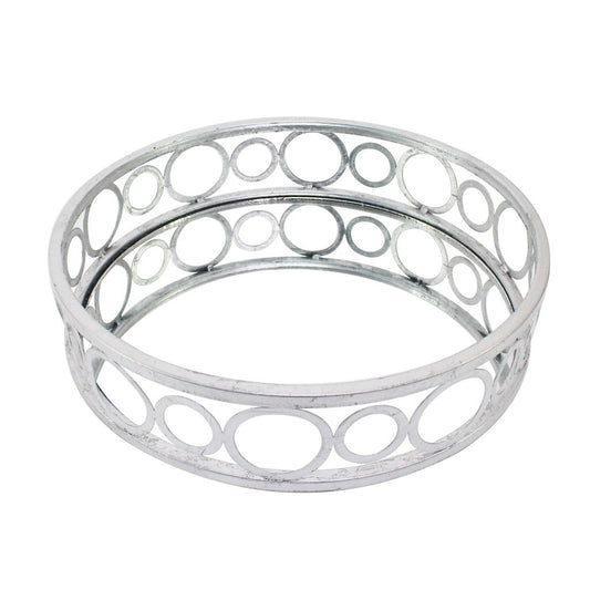 Round Metal Tray Set of 2 with Geometric Mirror Panel Inserts, Silver
