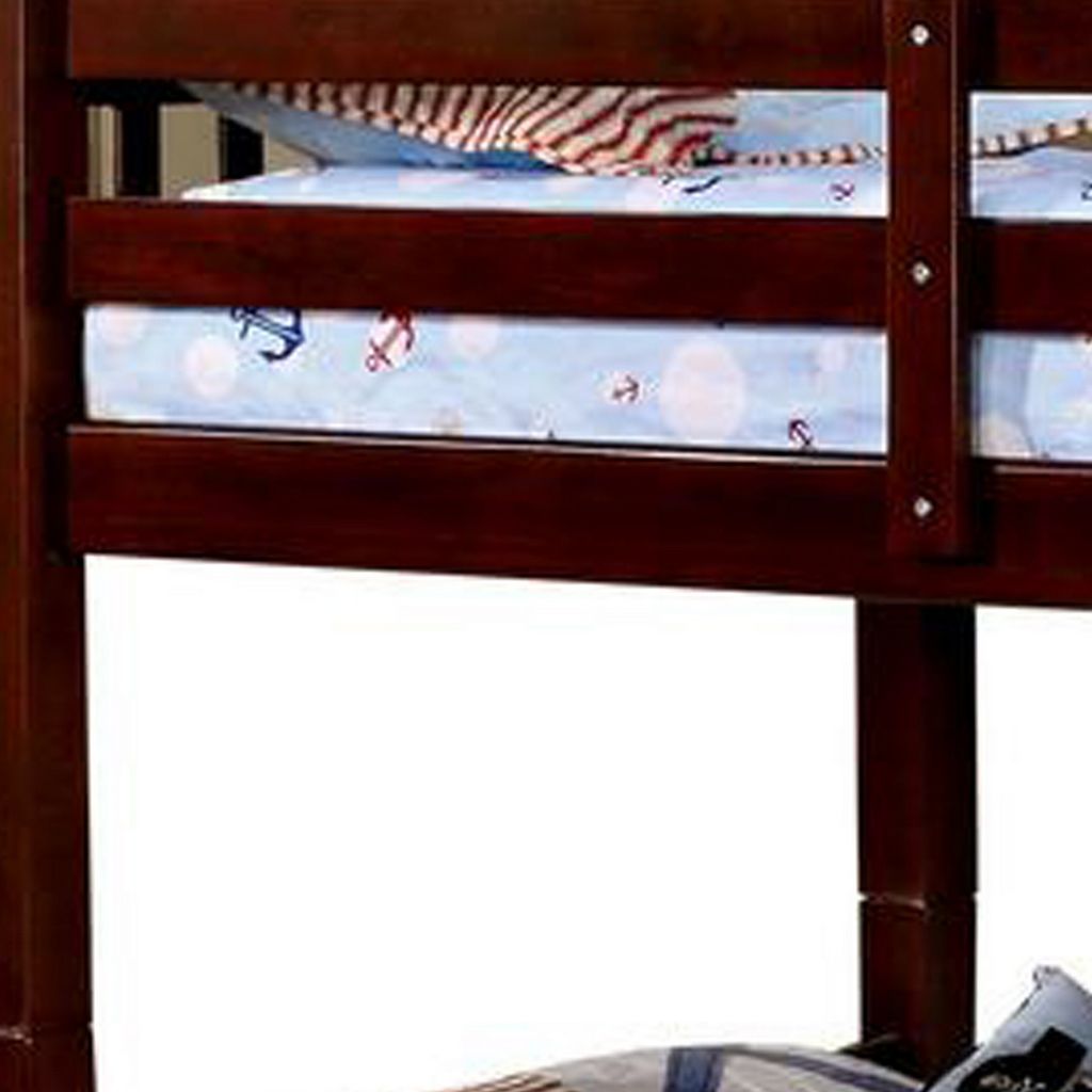 Slatted Twin Over Twin Bunk Bed with Attached Ladder, Espresso Brown - View 3