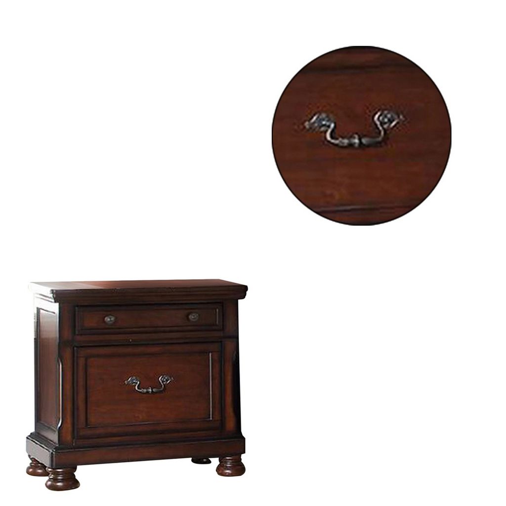 Two Drawers Wooden Nightstand with Bun Feet, Brown - View 3
