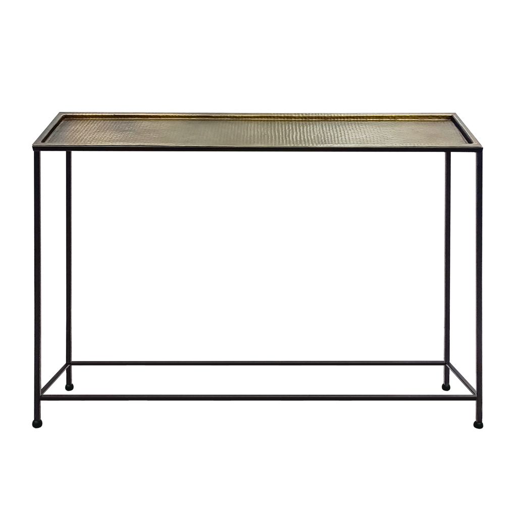 Aurelia 48 Inch Console Sofa Table, Artisanal Hammered Antique Bronze Tray Top, Industrial Black Iron Frame
