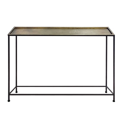 Aurelia 48 Inch Console Sofa Table, Artisanal Hammered Antique Bronze Tray Top, Industrial Black Iron Frame