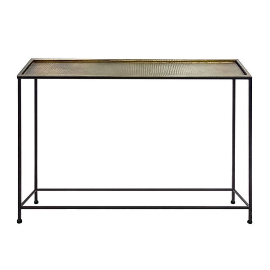 Aurelia 48 Inch Console Sofa Table, Artisanal Hammered Antique Bronze Tray Top, Industrial Black Iron Frame