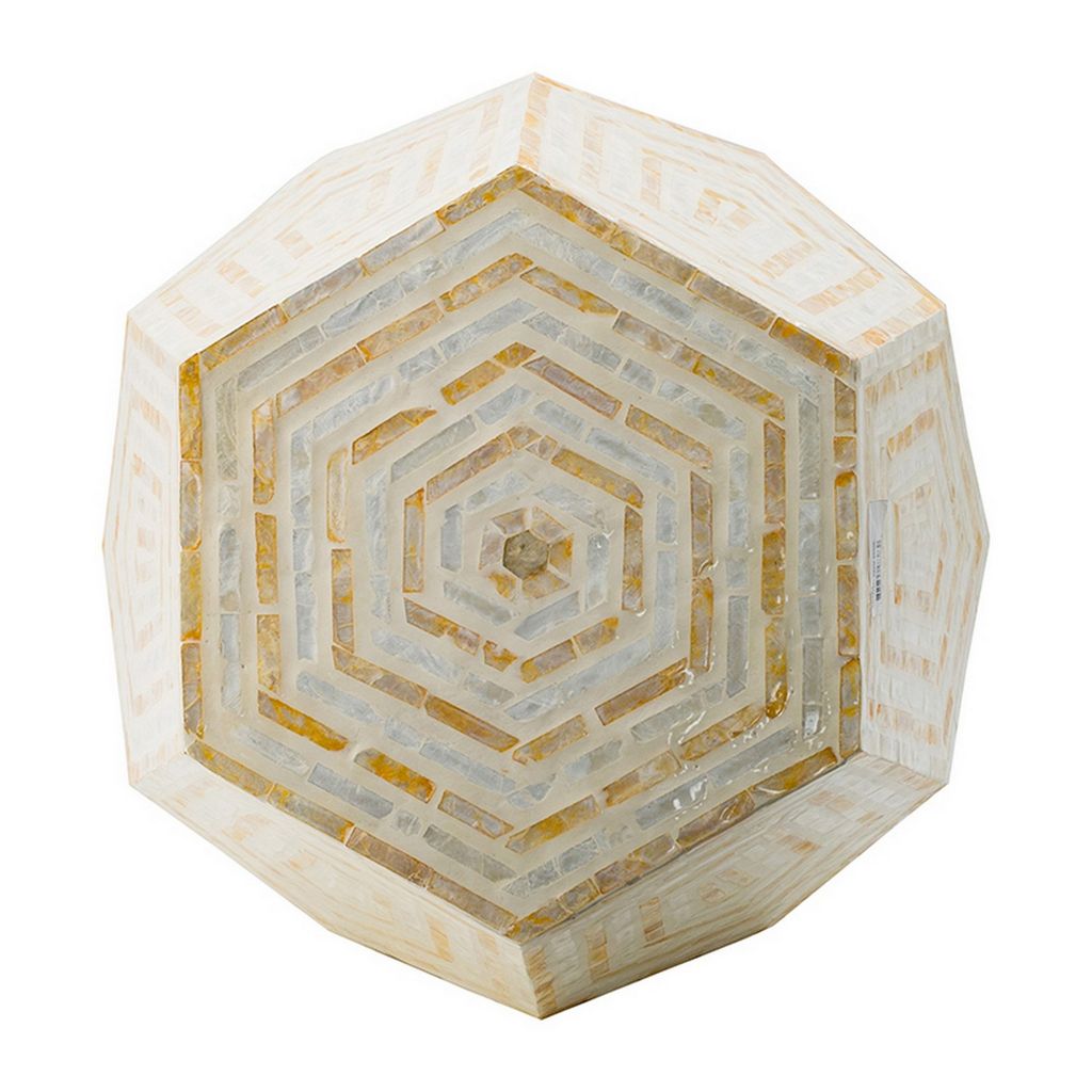 21 Inch Capiz Accent Stool Table, Hexagonal Drum, Angled Look, Beige White - View 2