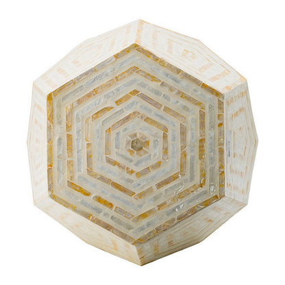21 Inch Capiz Accent Stool Table, Hexagonal Drum, Angled Look, Beige White - View 2