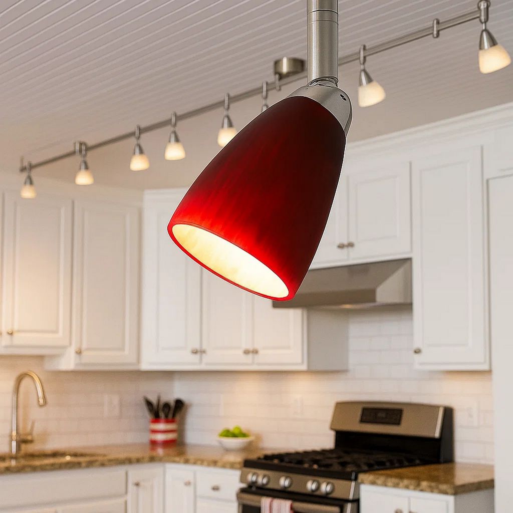 Hand Blown Glass Shade Track Light Head with Metal Frame, Red and Silver - View 7