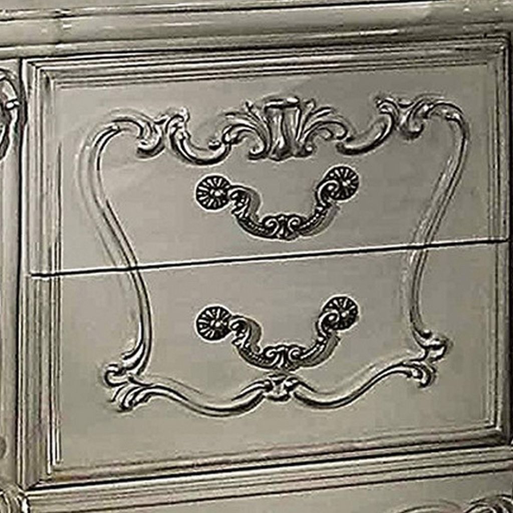 Two Drawers Wooden Nightstand with Carved Details, Bone White - View 3