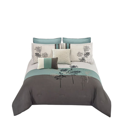 8 Piece Polyester Comforter Set with Floral Embroidery, Multicolor – King
