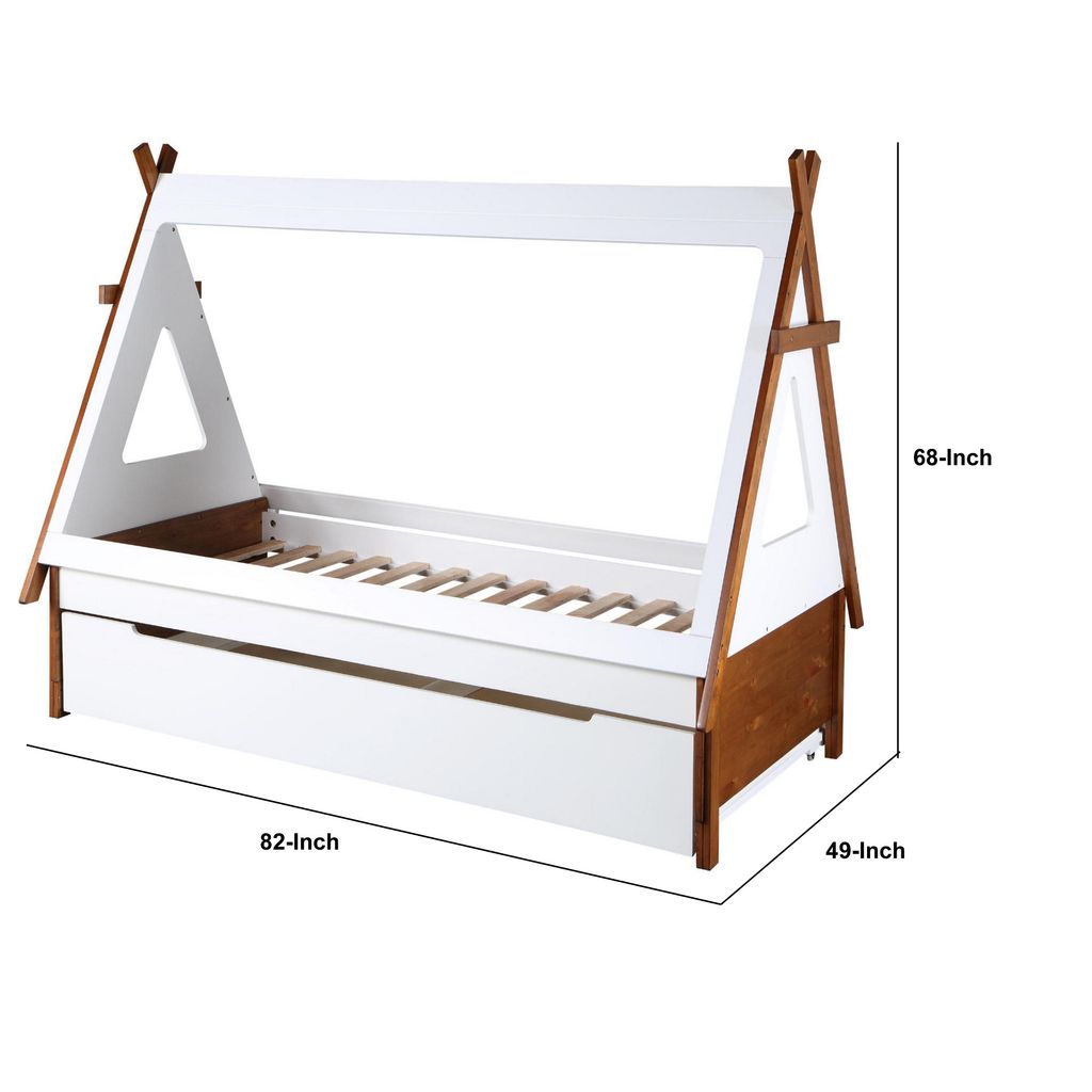 Teo Wood Twin Bed, House Shaped Bed Frame, Slat System, Brown, White - View 6