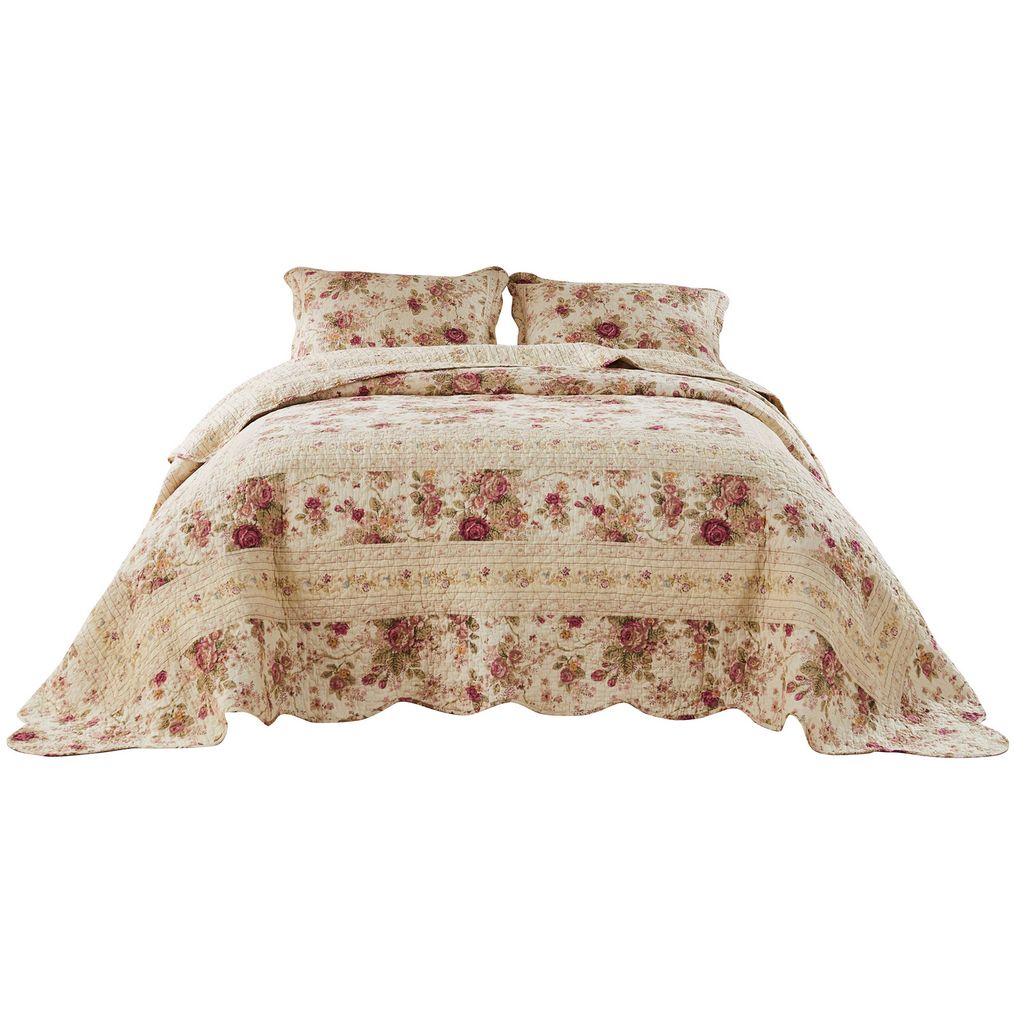 Rosle 3 Piece Queen Bedspread Set, Floral Print, Scalloped, Cream, Pink - View 2