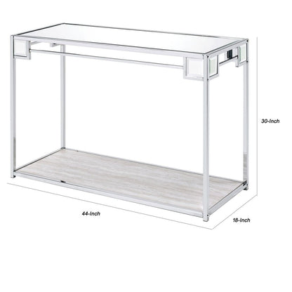 Mirror Top Metal Console Table with Wooden Open Bottom Shelf, Silver - View 6