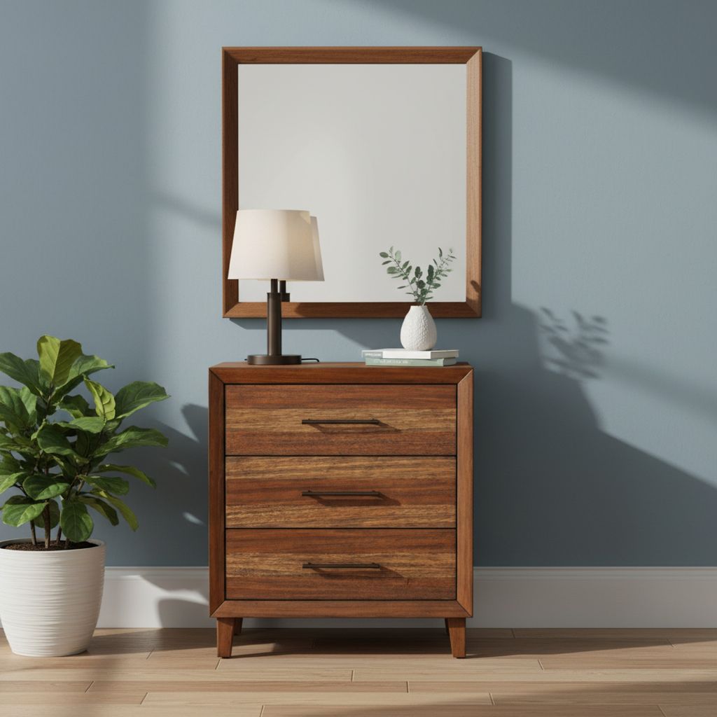 Paul 35 Inch Small Dresser Chest, 3 Drawers, Metal Bar Handles, Warm Brown - View 7