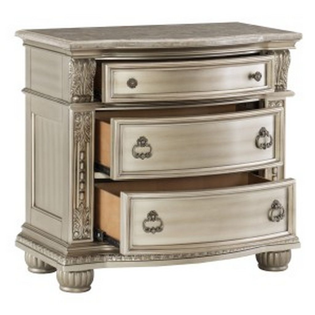 Caitlin 35 Inch 3 Drawer Nightstand with Marble Top, Leaf Carvings, Silver - View 4