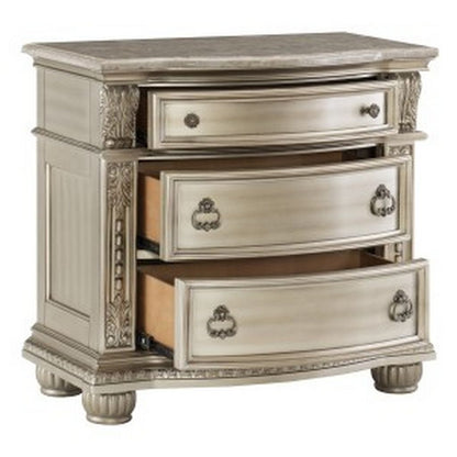 Caitlin 35 Inch 3 Drawer Nightstand with Marble Top, Leaf Carvings, Silver - View 4