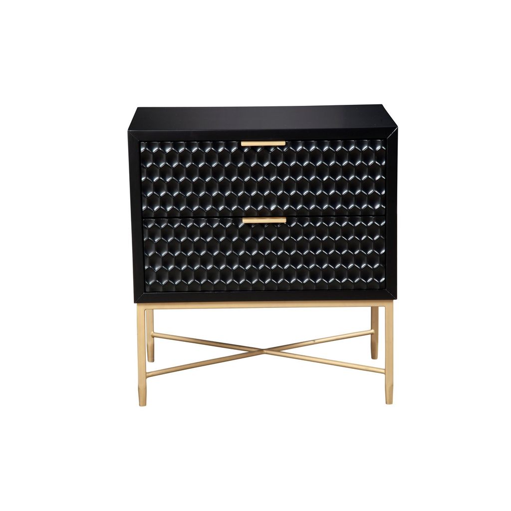 Rexi 26 Inch 2 Drawer Nightstand, Honeycomb, Mahogany Wood, Black, Gold