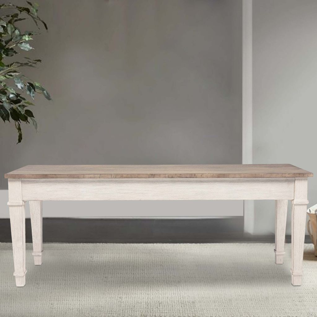Rectangular Wooden Bench with Under seat Storage, Antique White and Brown - View 7