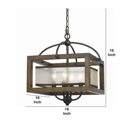 4 Bulb Semi Flush Pendant with Wooden Frame and Organza Striped Shade,Brown - View 6
