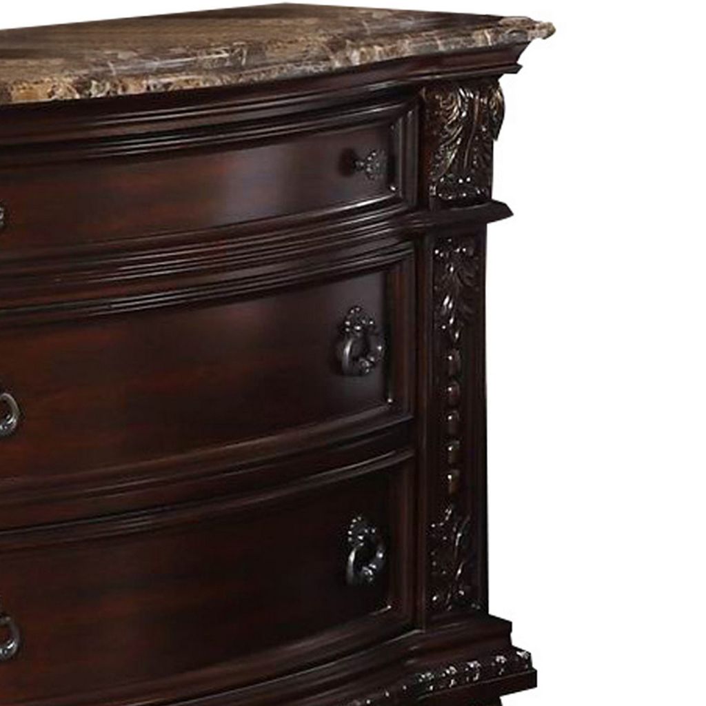 European Style Nightstand with 3 Drawers and Marble Top, Dark Cherry Brown - View 3