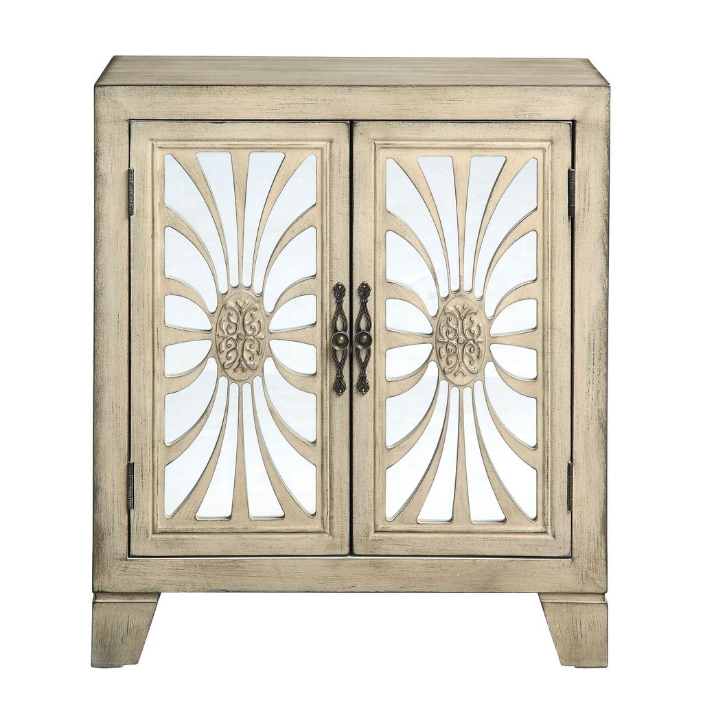 Console Table with 2 Glass Doors and Floral Motif, Antique White - View 3