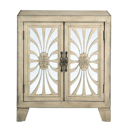 Console Table with 2 Glass Doors and Floral Motif, Antique White - View 3