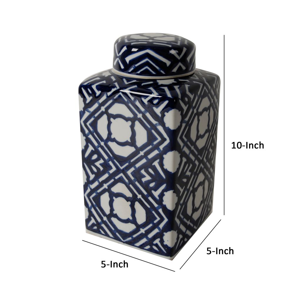10 Inch Lidded Jar, Porcelain Construction, Deep Blue Graphic Trellis - View 5