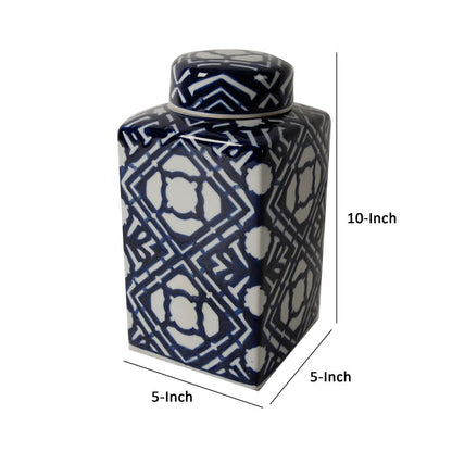 10 Inch Lidded Jar, Porcelain Construction, Deep Blue Graphic Trellis - View 5