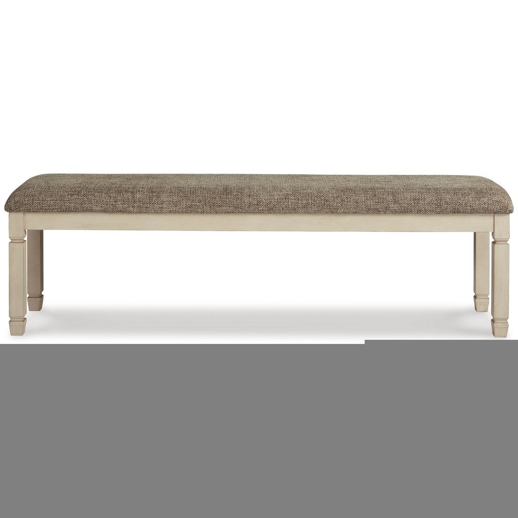 65 Inch Two Tone Dining Bench, Woven Fabric Cushion, Vintage White Wood - View 2