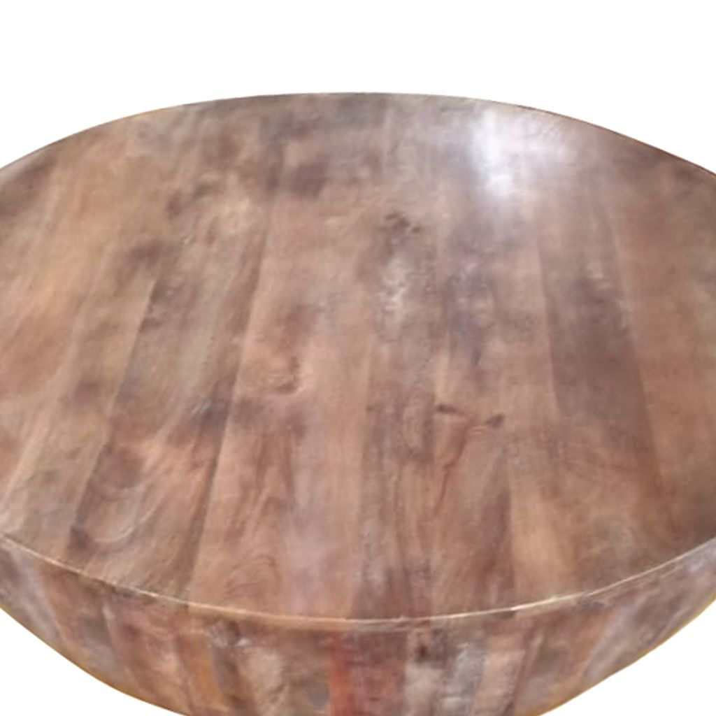 Arthur Handcarved 48 Inch Drum Shape Round Top Mango Wood Distressed Wooden Coffee Table, Brown - View 4