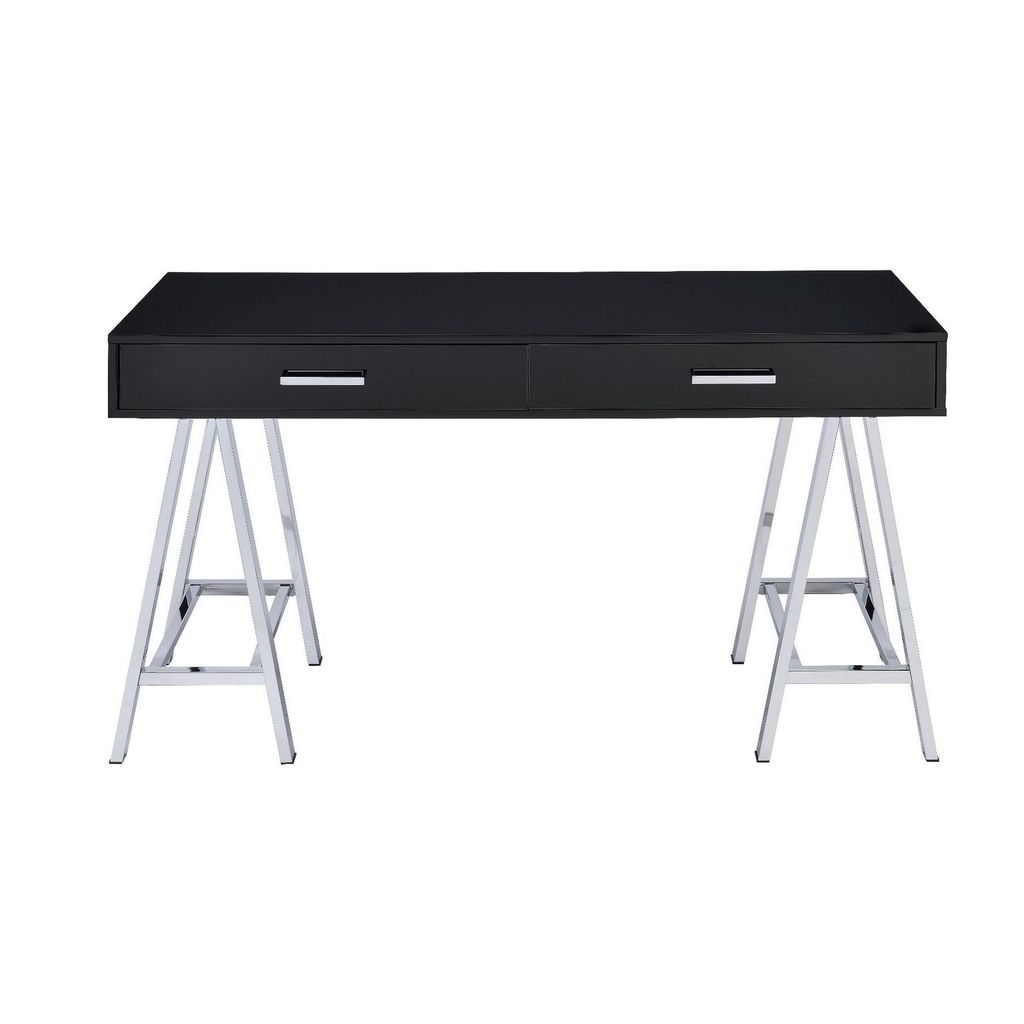 Writing Desk with MDF 2 Drawers and Metal Legs, Black and Chrome - View 3