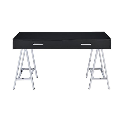 Writing Desk with MDF 2 Drawers and Metal Legs, Black and Chrome - View 3