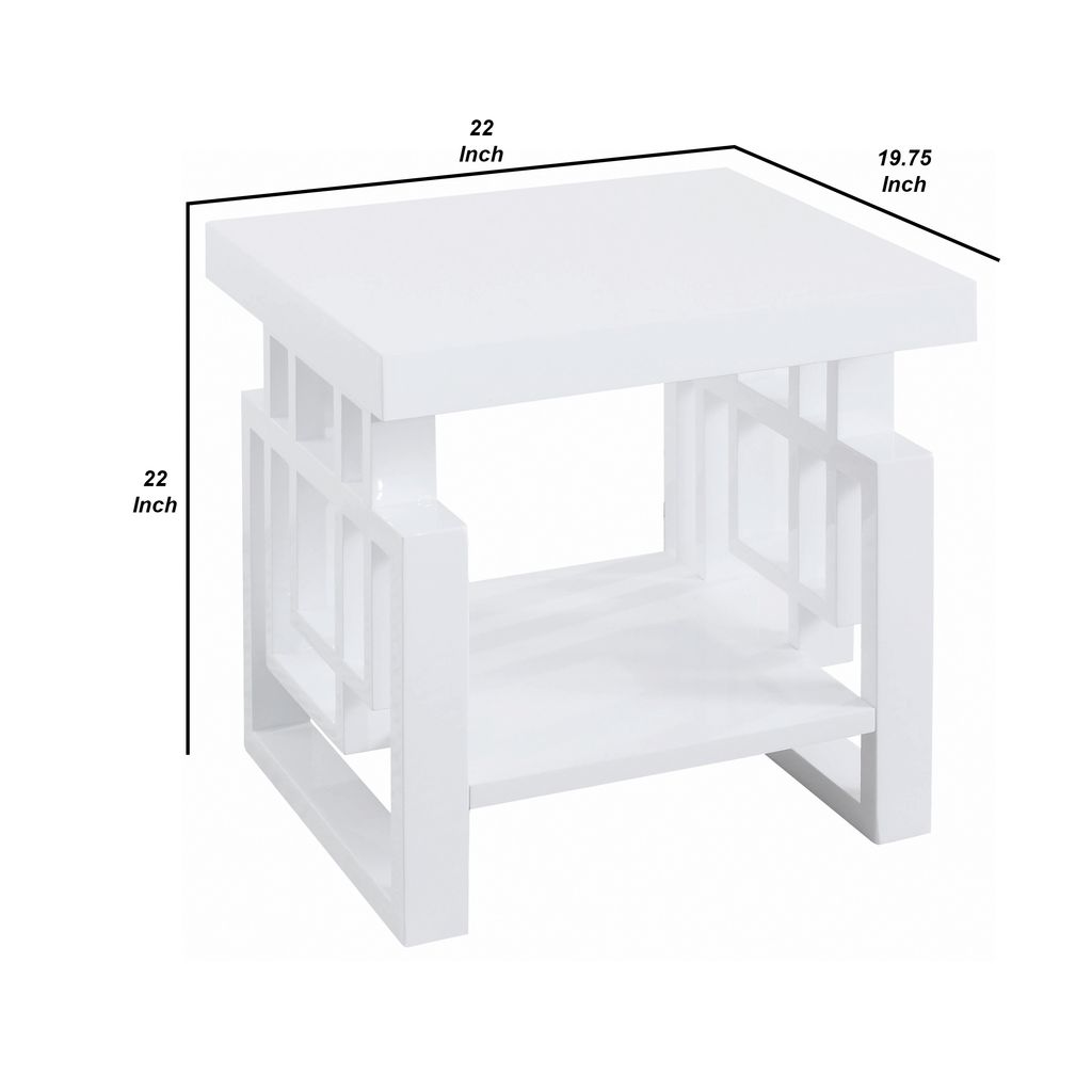 22 Inch Wood End Table, Geometric Frame, 1 Shelf, Glossy White - View 6