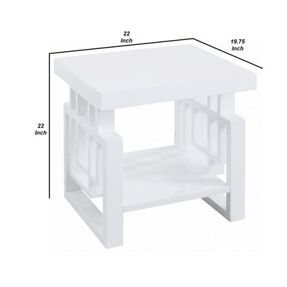 22 Inch Wood End Table, Geometric Frame, 1 Shelf, Glossy White - View 6