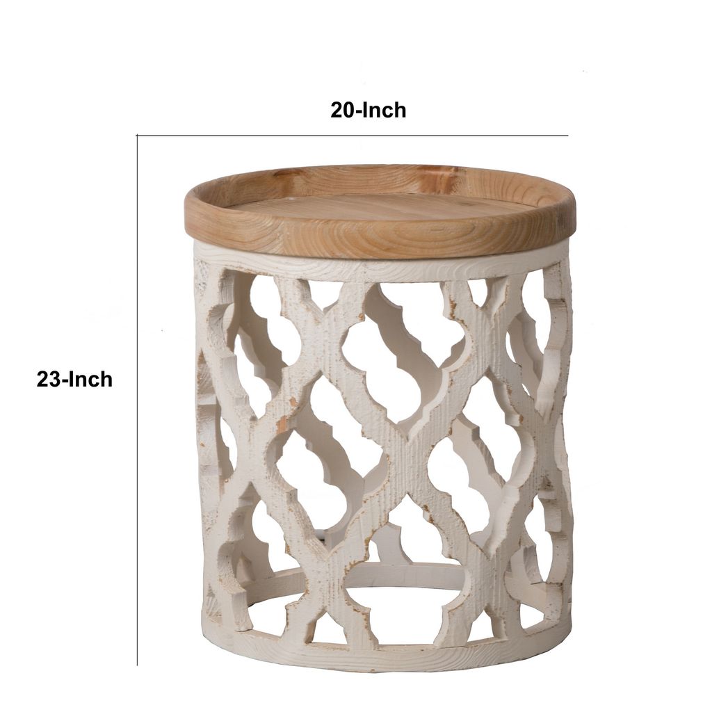 23 Inch Side Table, Vintage Wood Cutout Design, Round Top, Brown, Cream - View 5