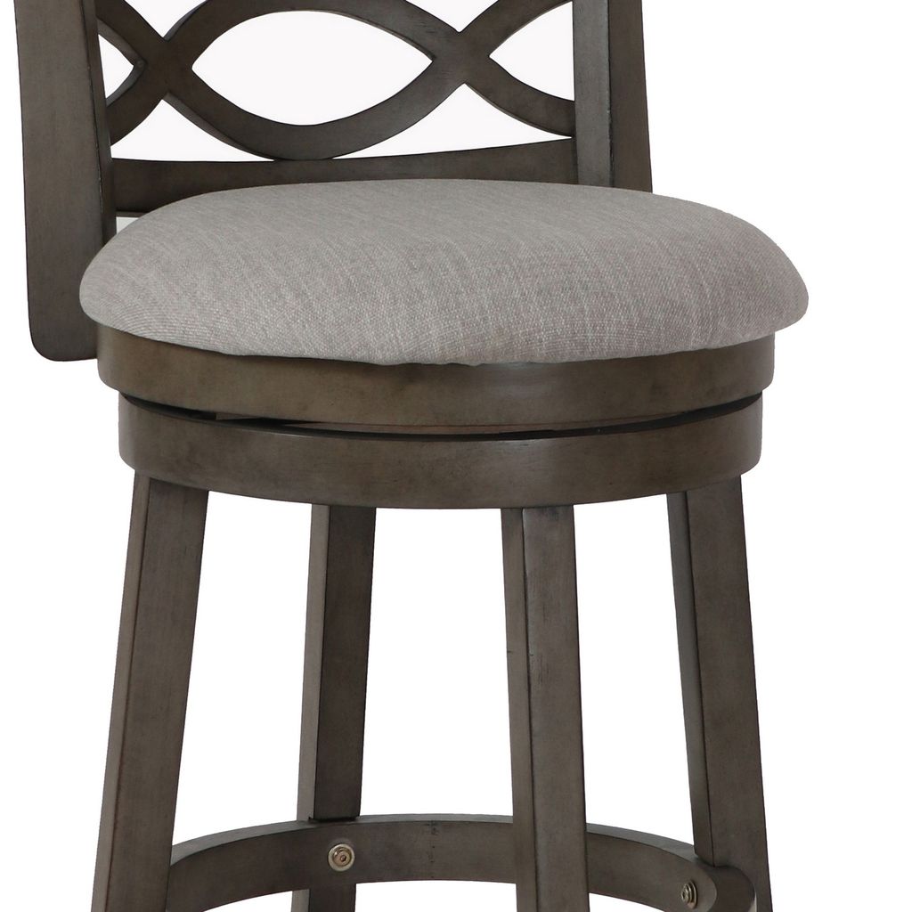 Curved Lattice Back Swivel Counter Stool with Fabric Seat, Antique Gray - View 3