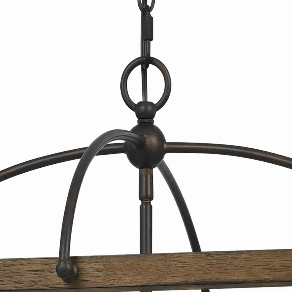 6 Bulb Square Chandelier with Wooden Frame and Organza Striped Shade, Brown - View 4